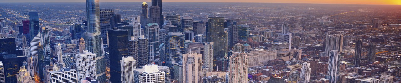 Chicago skyline at sunset. 